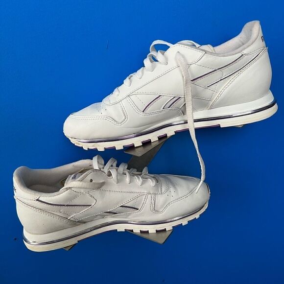 Reebok Classic Shoes RB409 Women White Purple Accent Leather Sneakers Sz 10 - Picture 2 of 6
